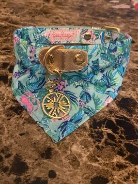 Lilly Pulitzer Aqua Floral Pet Bandana Collar with Gold Charm